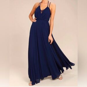 Lulu's Elegant Navy Backless Gown with Lace detail